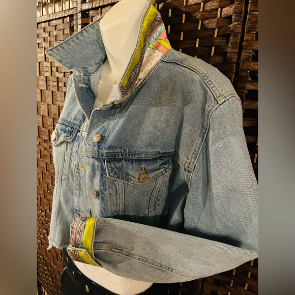 Forever 21 cropped denim jacket embellished with a beautiful silk scarf. - Picture 2 of 3